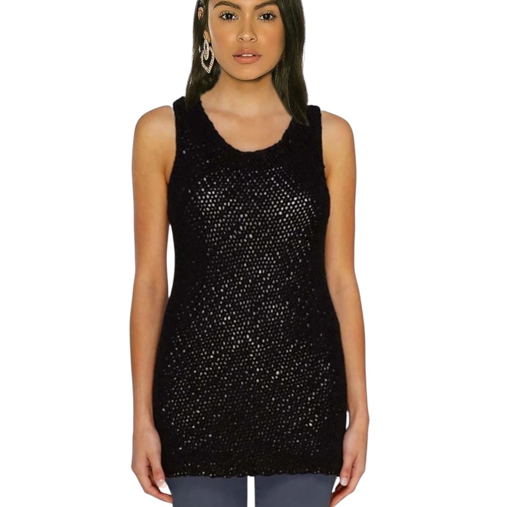Vince Black Open Knit Tank Top  Womens‎ Medium Crochet Chunky Sleeveless